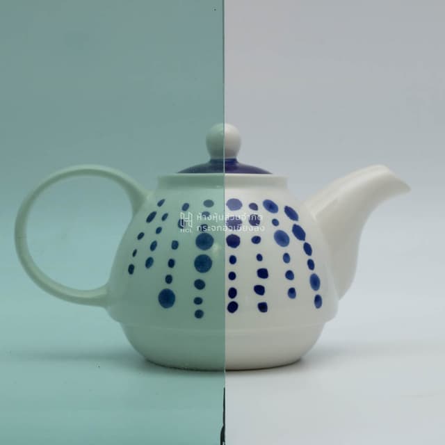 a tea kettle with and without darkgreen glass